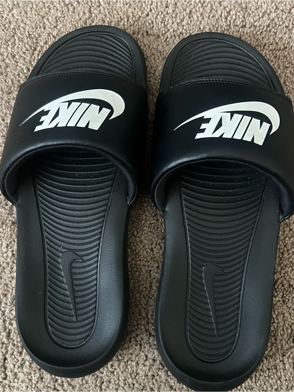 Nike Women's Black Slides with White Swoosh Logo